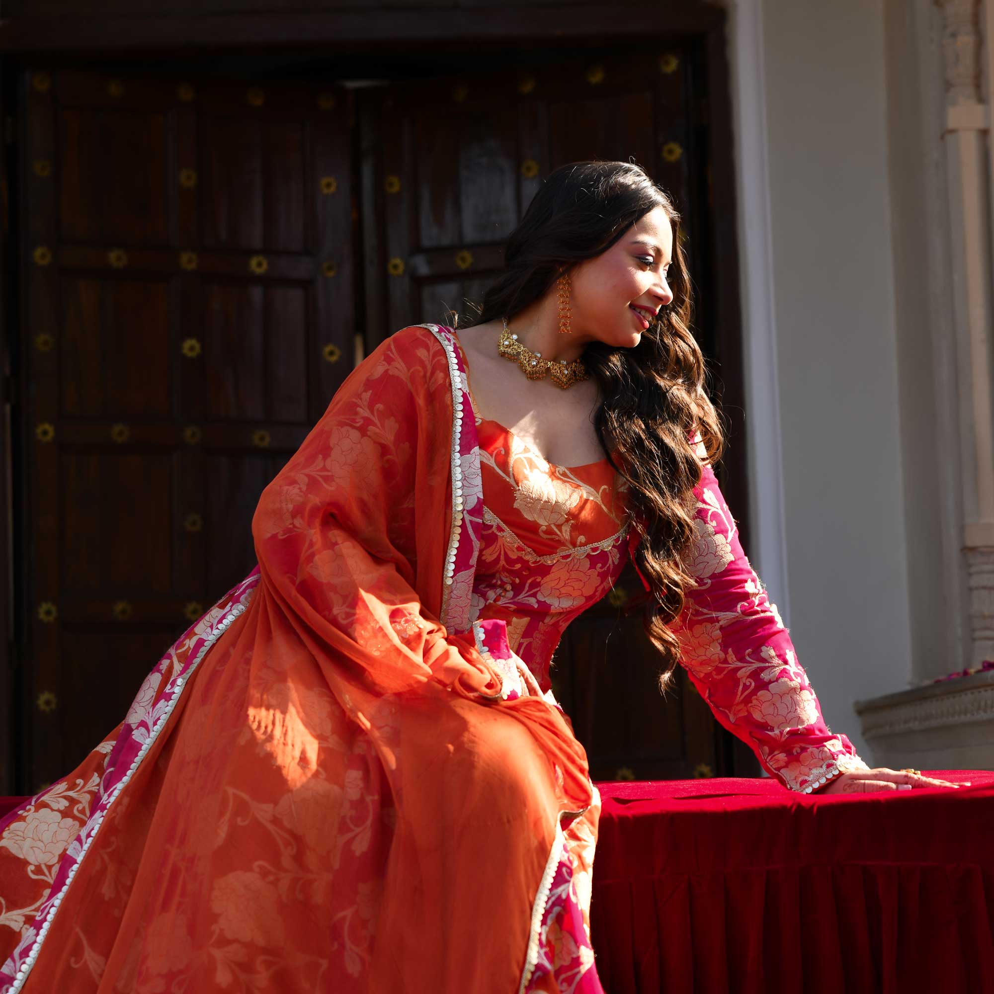 Kesar- Rani Pink & Orange Pure Georgette Banarasi Anarkali Set