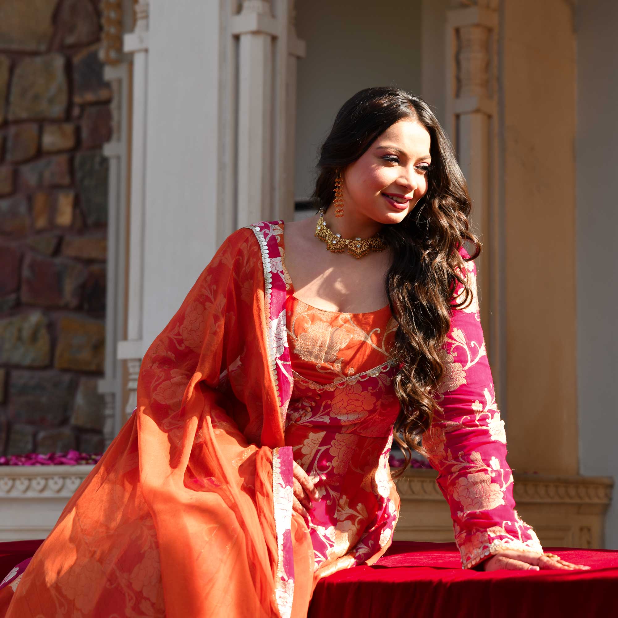 Kesar- Rani Pink & Orange Pure Georgette Banarasi Anarkali Set
