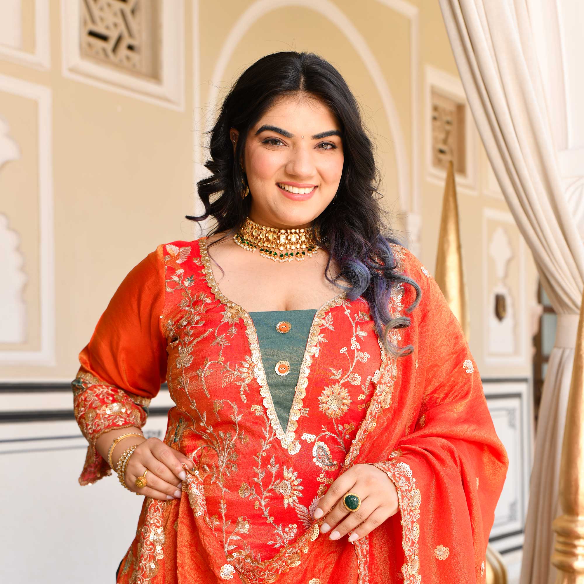 Heer- Tangerine Sequin & Thread Embroidered Pure Tissue Silk Suit Set