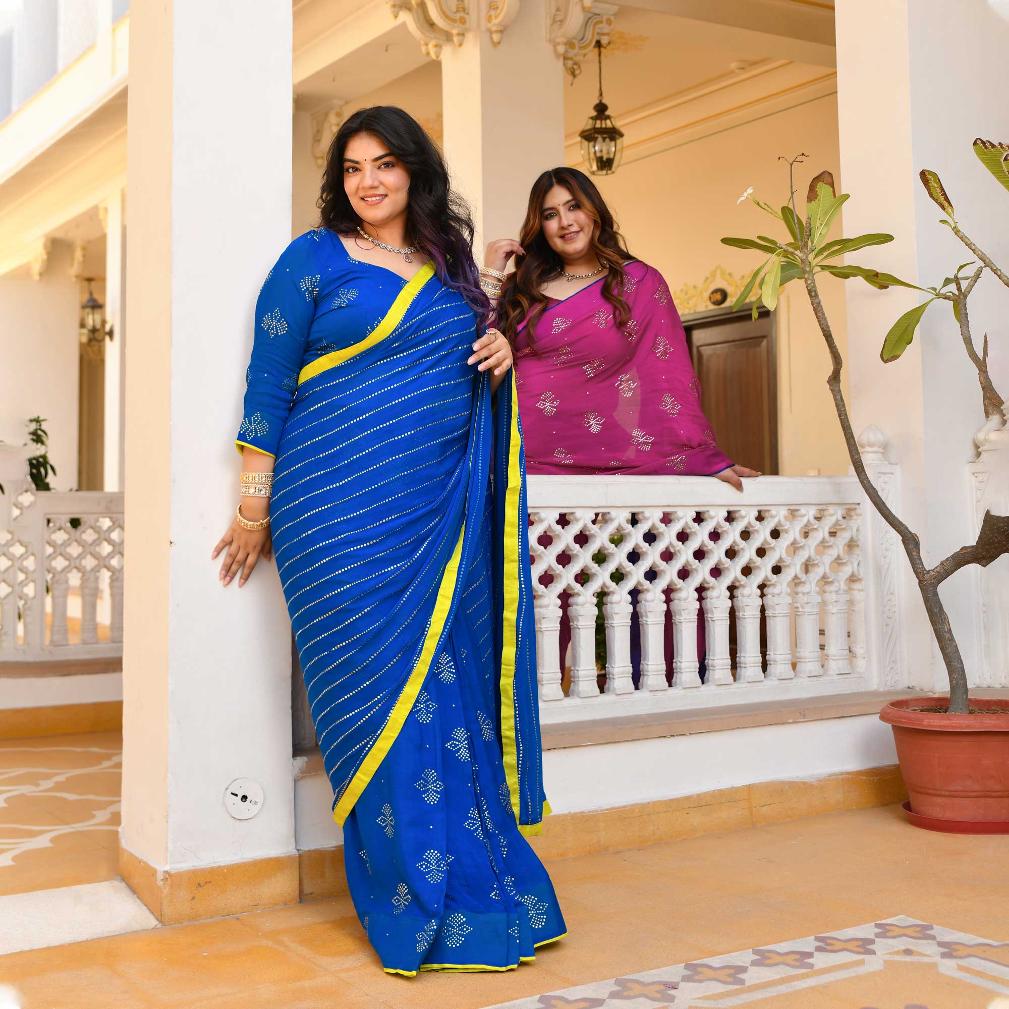 Chandani Leher- Electric Blue & Gold Embroidered Pre-drape Saree Set