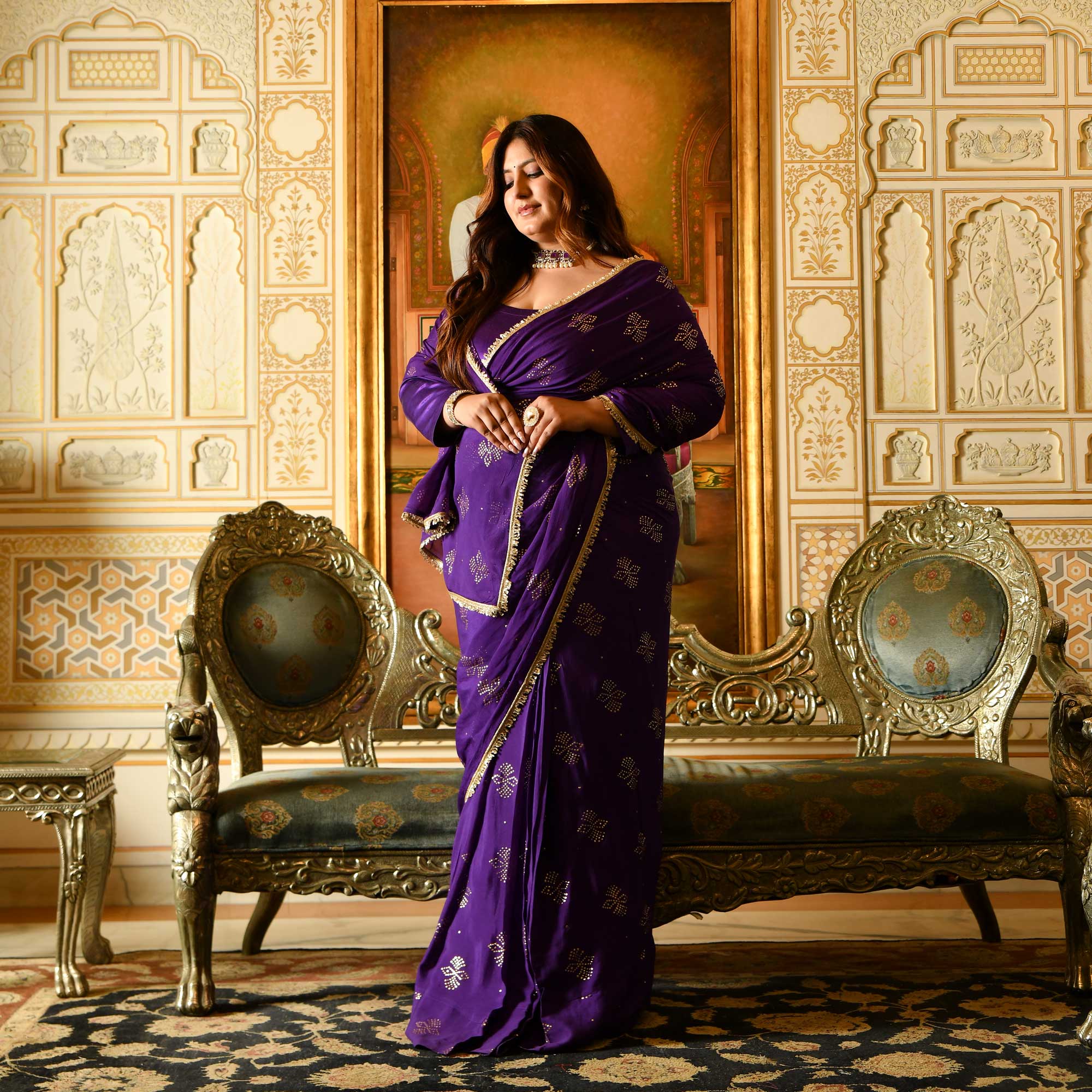 Regal Drapes- Deep Purple & Gold Embroidered Pre-drape Saree Set