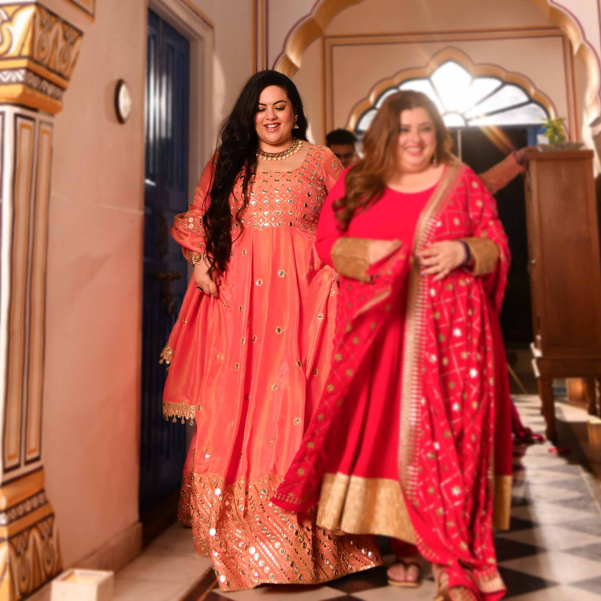 Shimmering Dawn - Peach Pure Tissue Silk Mirror Embroidered Anarkali Set