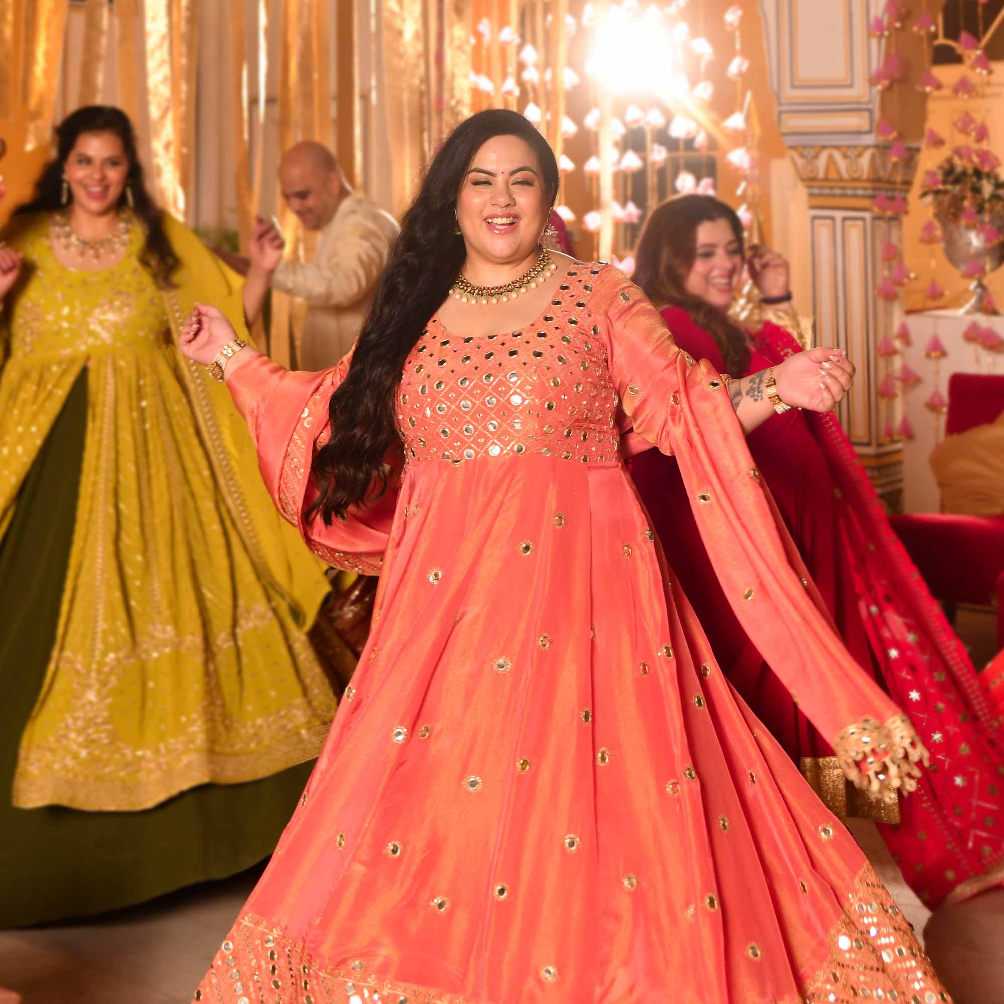 Shimmering Dawn - Peach Pure Tissue Silk Mirror Embroidered Anarkali Set
