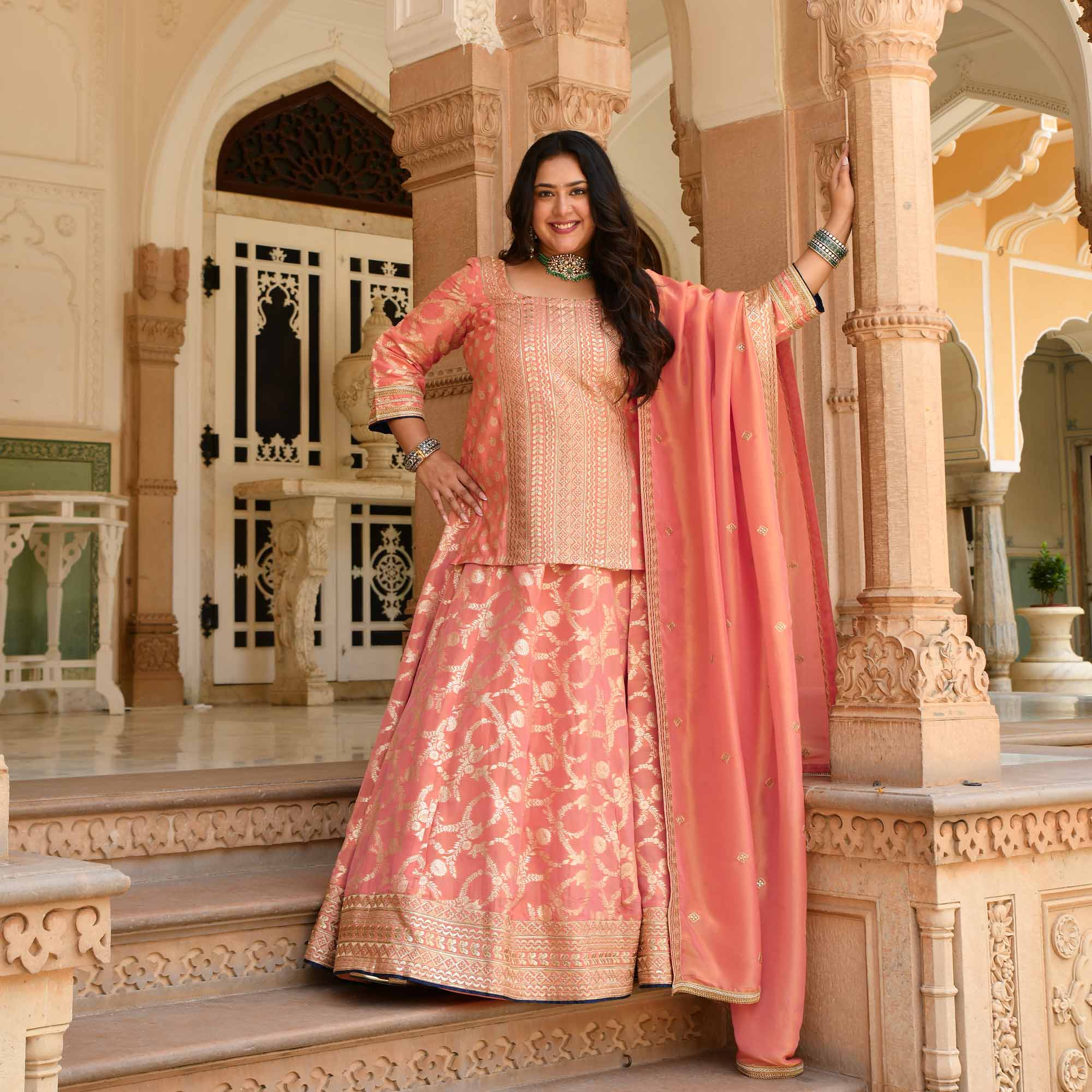 Preet- Peach Banarasi Tissue Silk Sequin Embroidered Lehenga Set