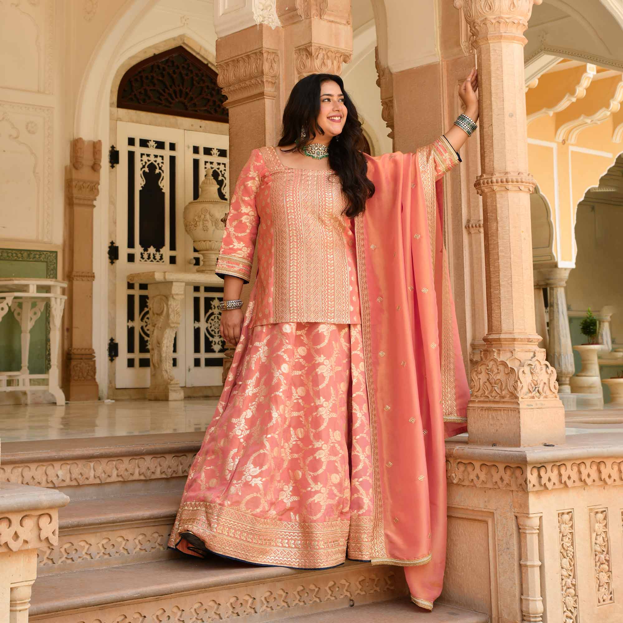 Preet- Peach Banarasi Tissue Silk Sequin Embroidered Lehenga Set