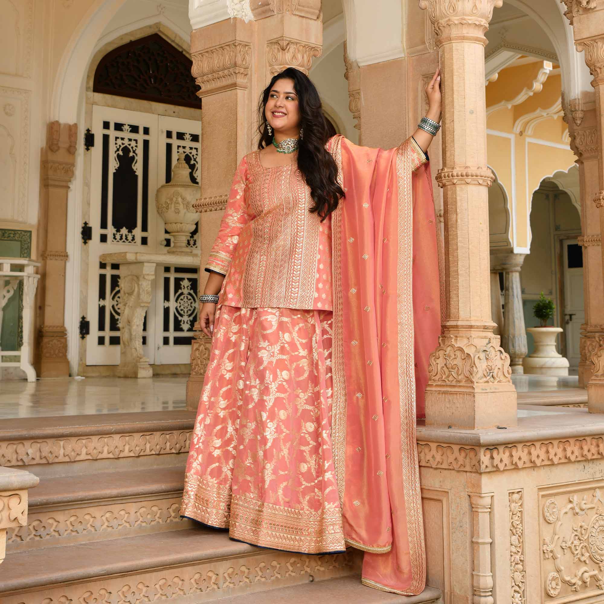 Preet- Peach Banarasi Tissue Silk Sequin Embroidered Lehenga Set
