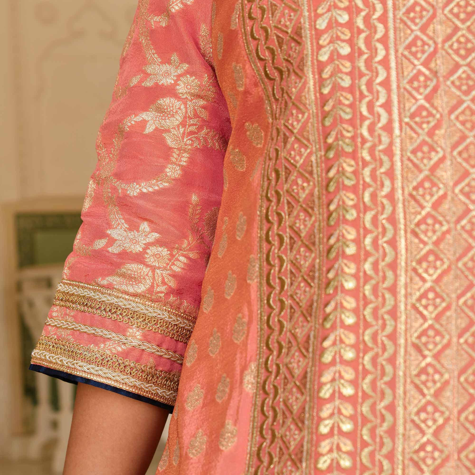 Preet- Peach Banarasi Tissue Silk Sequin Embroidered Lehenga Set