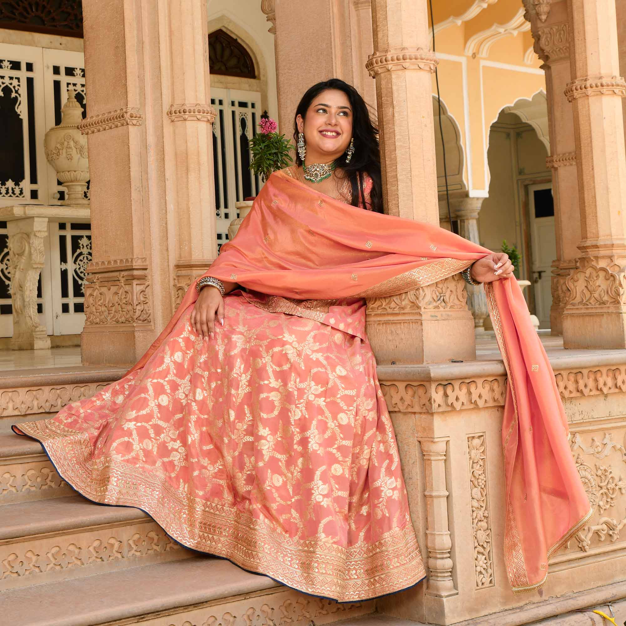 Preet- Peach Banarasi Tissue Silk Sequin Embroidered Lehenga Set