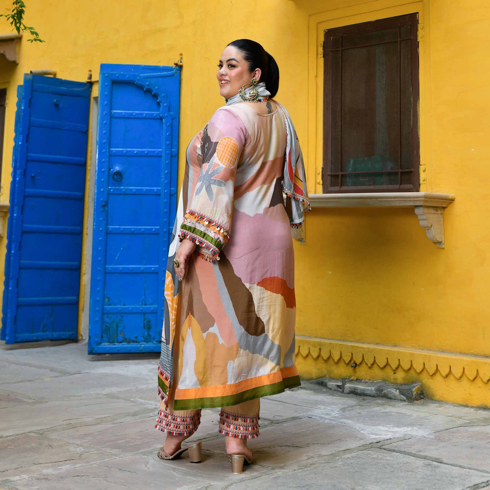 Plus Size Peach Self Design Silk Suit Set main image 1