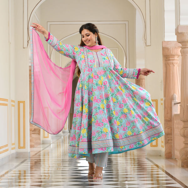 Whispers Of Bloom Floral Cotton Anarkali Set