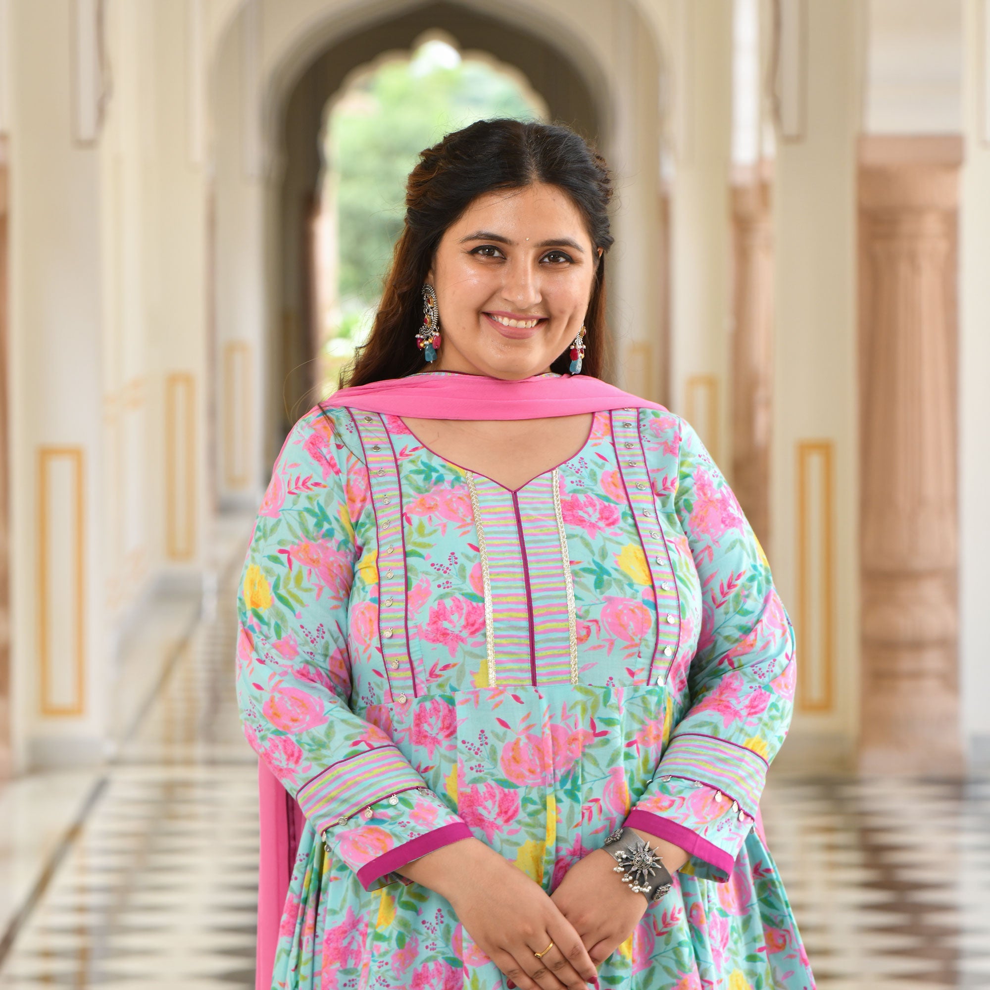 Whispers Of Bloom Floral Cotton Anarkali Set Plus Size Clothing XS