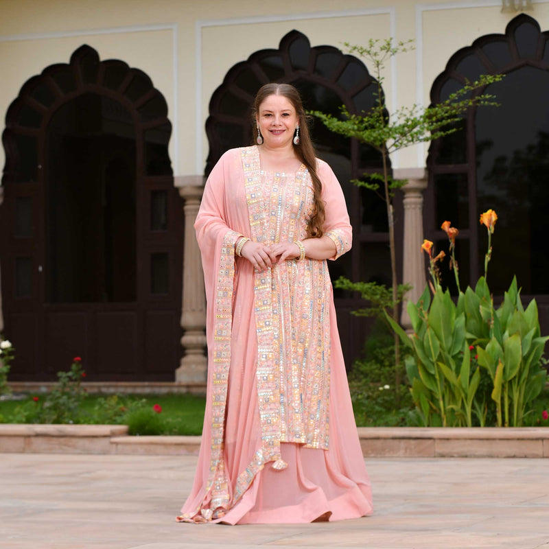 Peachy Reflection Embroidered Georgette Kurta with Skirt Set