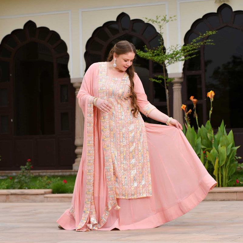 Peachy Reflection Embroidered Georgette Kurta with Skirt Set
