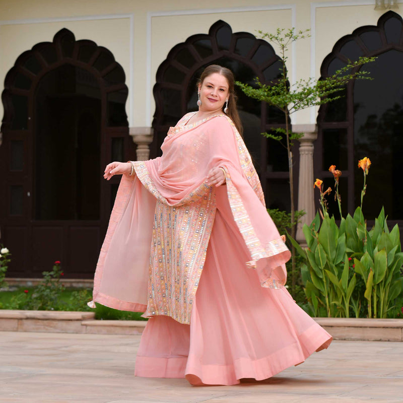 Peachy Reflection Embroidered Georgette Kurta with Skirt Set