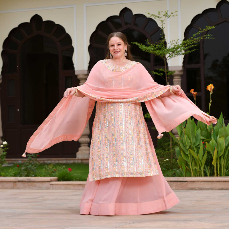 Peachy Reflection Embroidered Georgette Kurta with Skirt Set