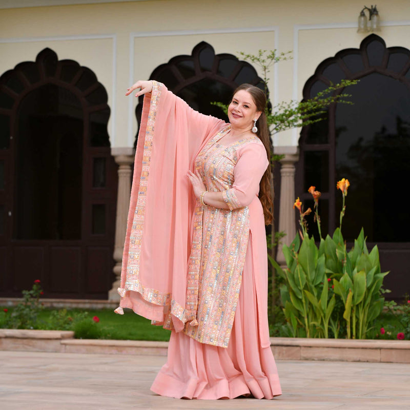Peachy Reflection Embroidered Georgette Kurta with Skirt Set