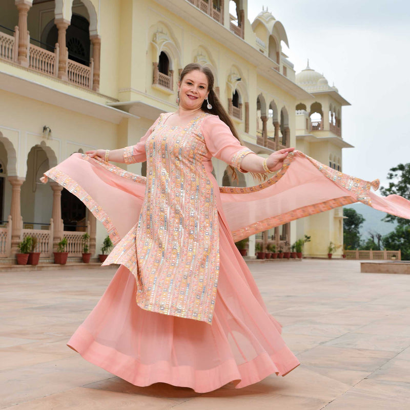 Peachy Reflection Embroidered Georgette Kurta with Skirt Set