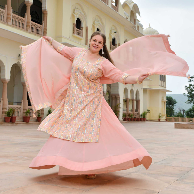 Peachy Reflection Embroidered Georgette Kurta with Skirt Set