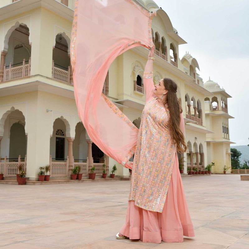 Peachy Reflection Embroidered Georgette Kurta with Skirt Set