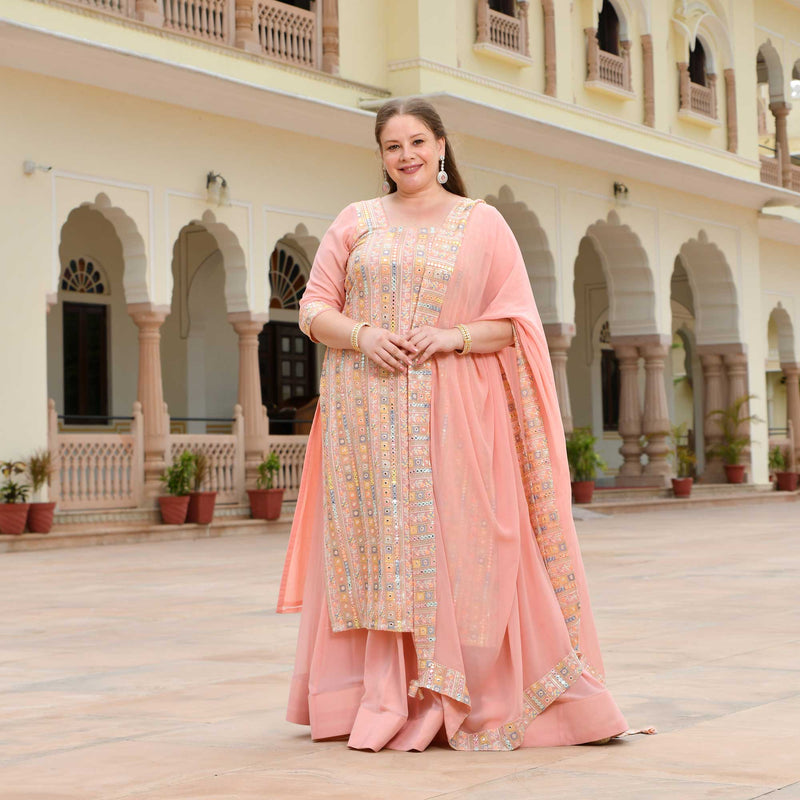 Peachy Reflection Embroidered Georgette Kurta with Skirt Set