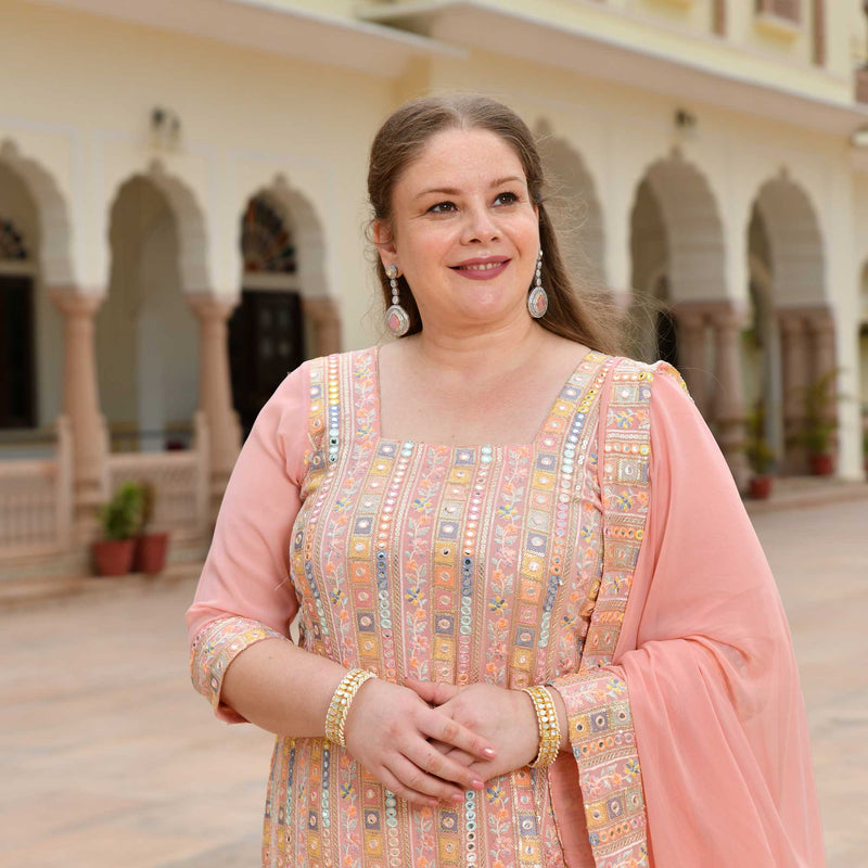 Peachy Reflection Embroidered Georgette Kurta with Skirt Set