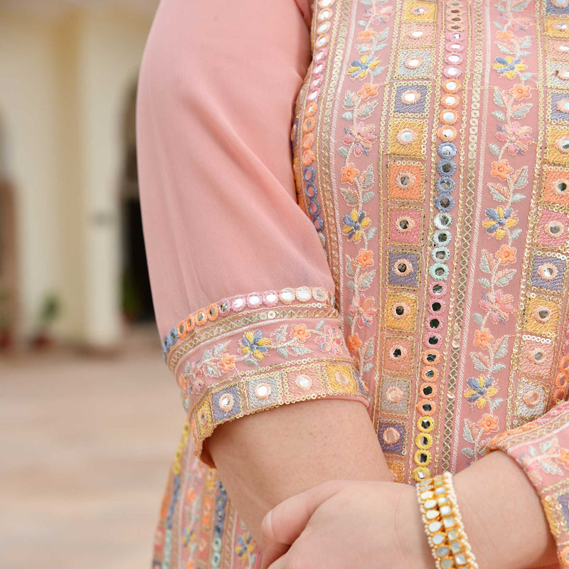 Peachy Reflection Embroidered Georgette Kurta with Skirt Set