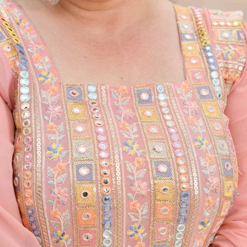 Peachy Reflection Embroidered Georgette Kurta with Skirt Set