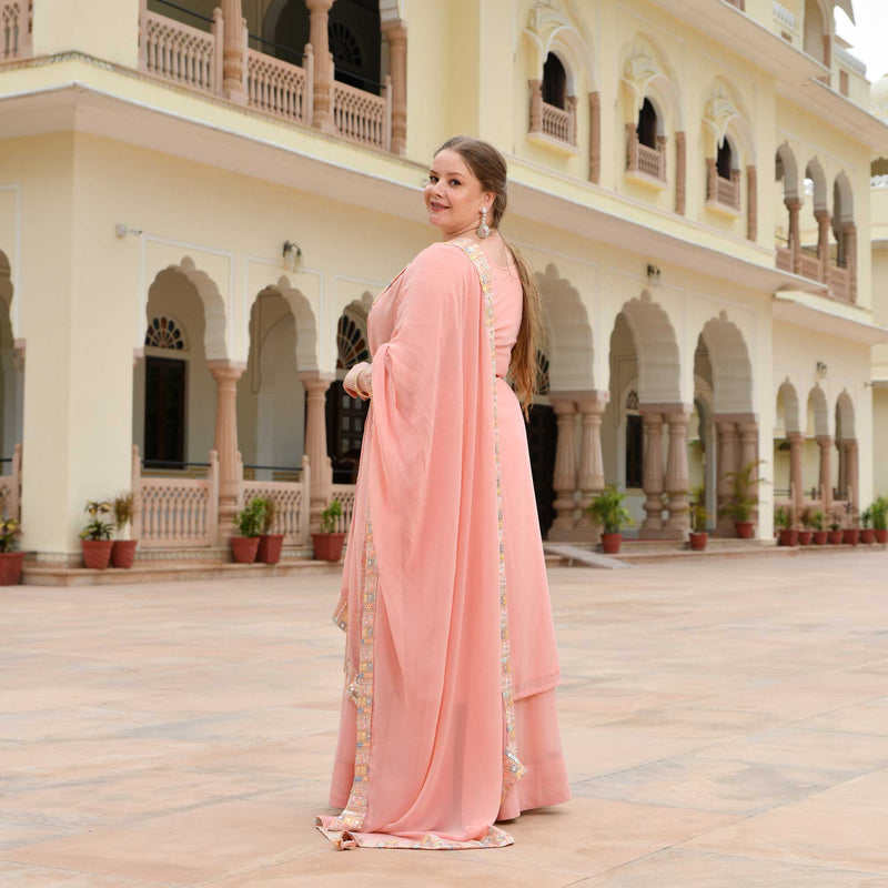 Peachy Reflection Embroidered Georgette Kurta with Skirt Set