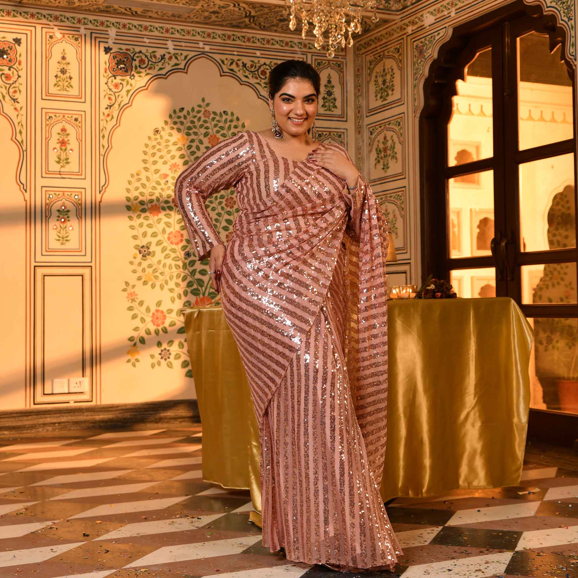 Queen Mary- Metallic Rose Sequin Embellished Stretchable Drape Saree