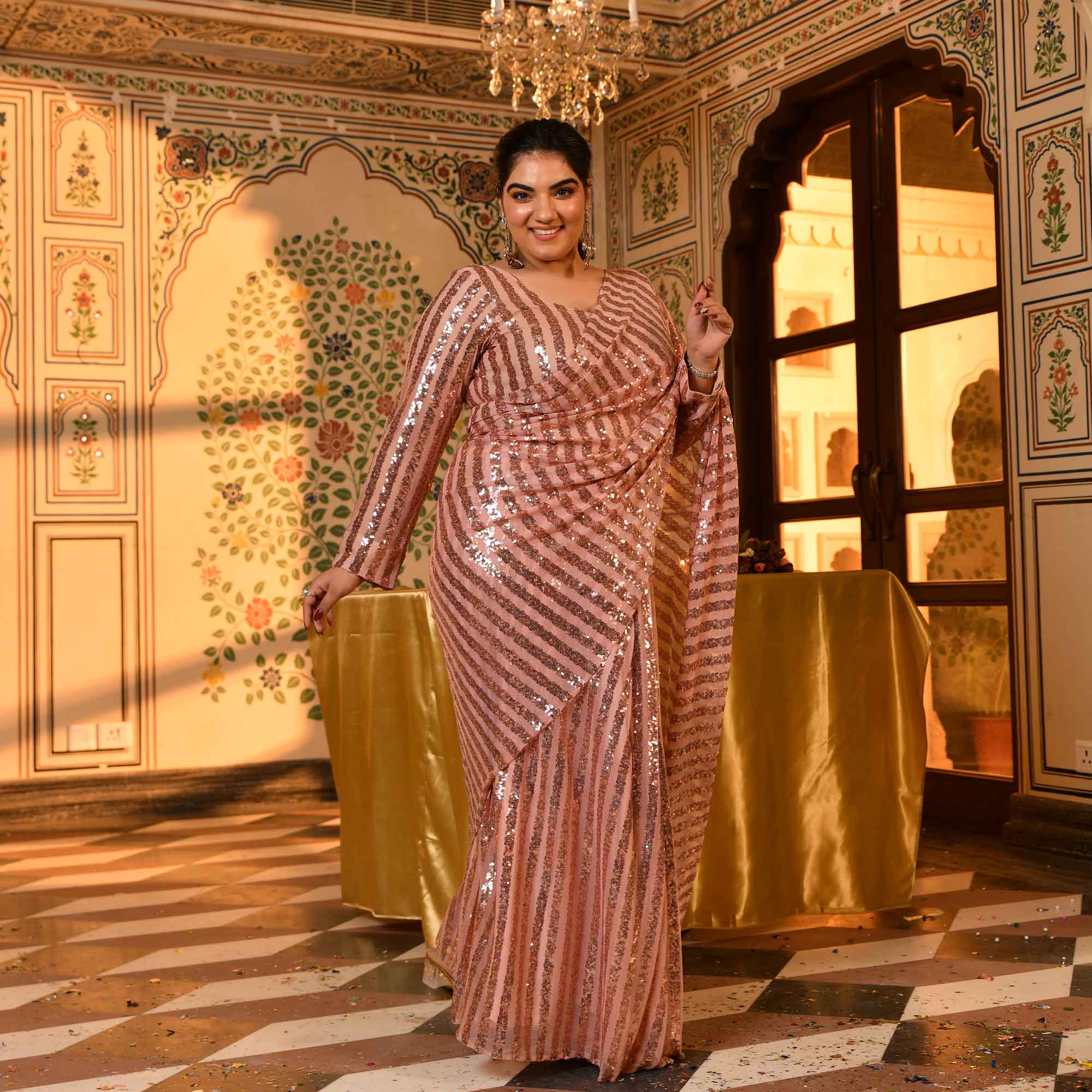 Queen Mary- Metallic Rose Sequin Embellished Stretchable Drape Saree