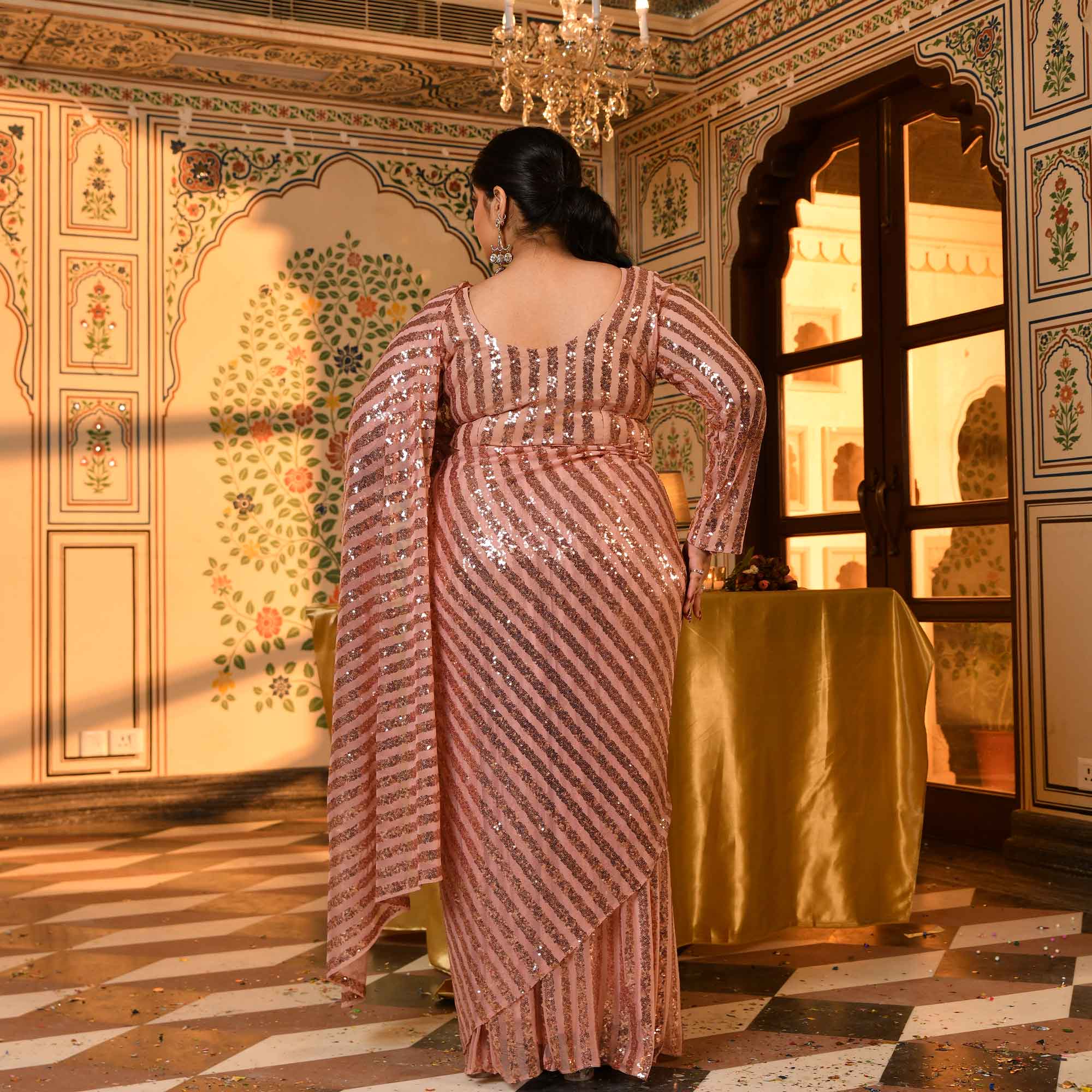 Queen Mary- Metallic Rose Sequin Embellished Stretchable Drape Saree