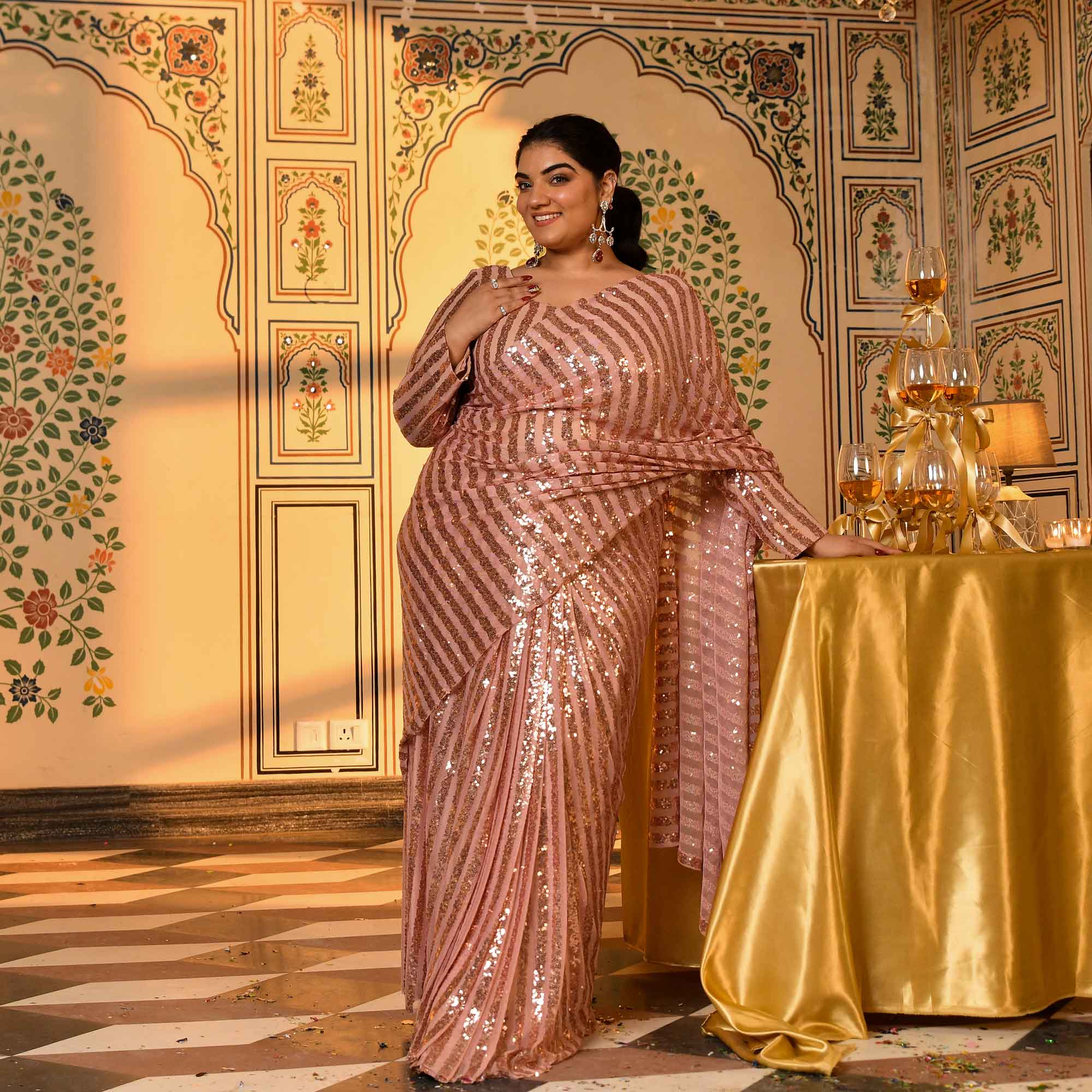 Queen Mary- Metallic Rose Sequin Embellished Stretchable Drape Saree