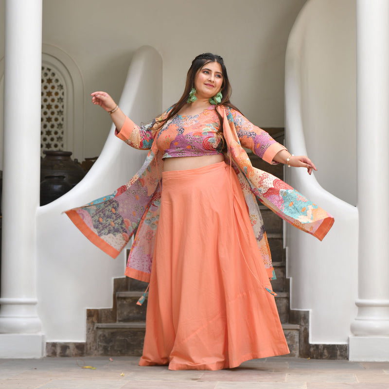 Pearl Peach Bloom Floral Skirt Co-Ord Set