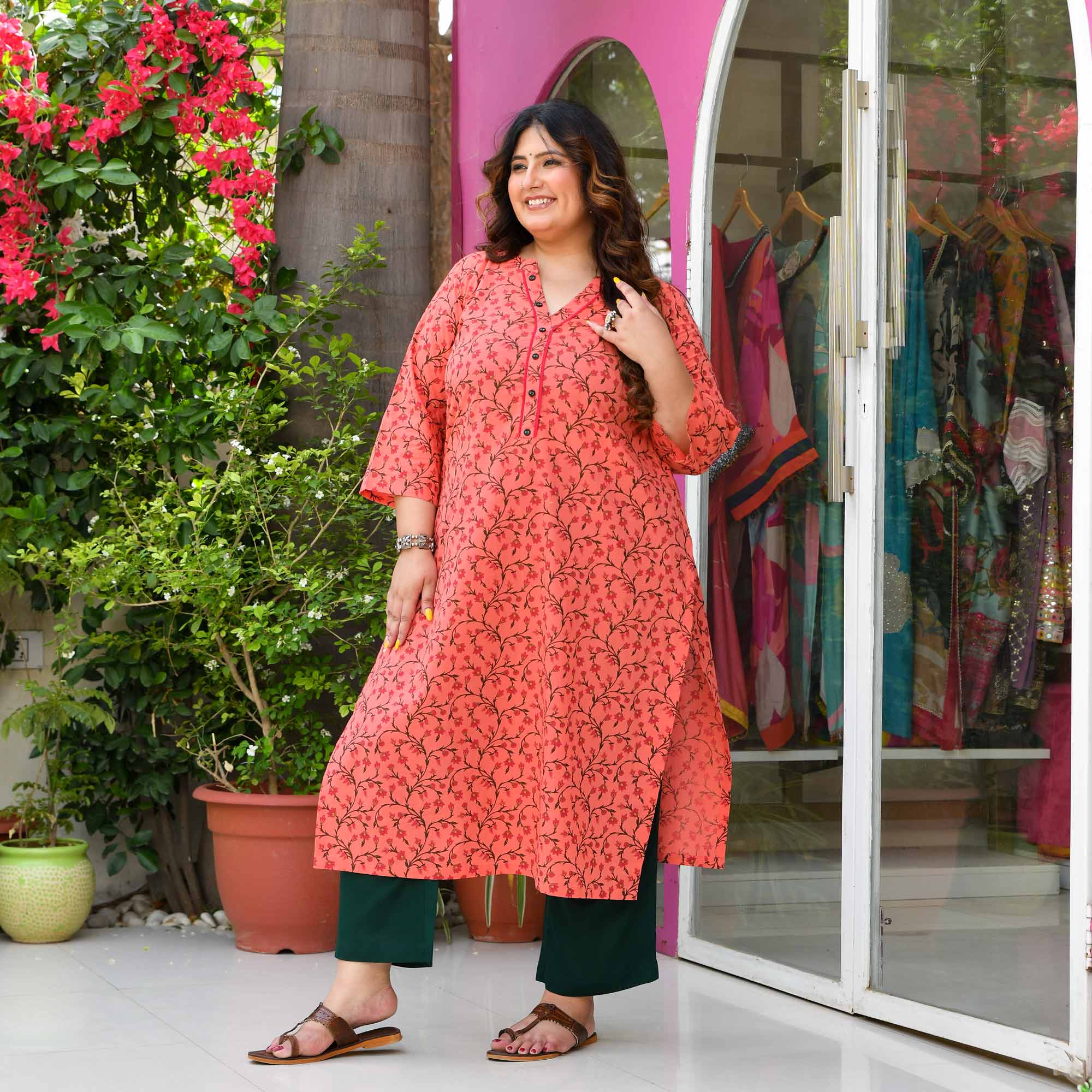 Vrindavan- Peach & Coral Floral Jaal Pure Cotton Kurta