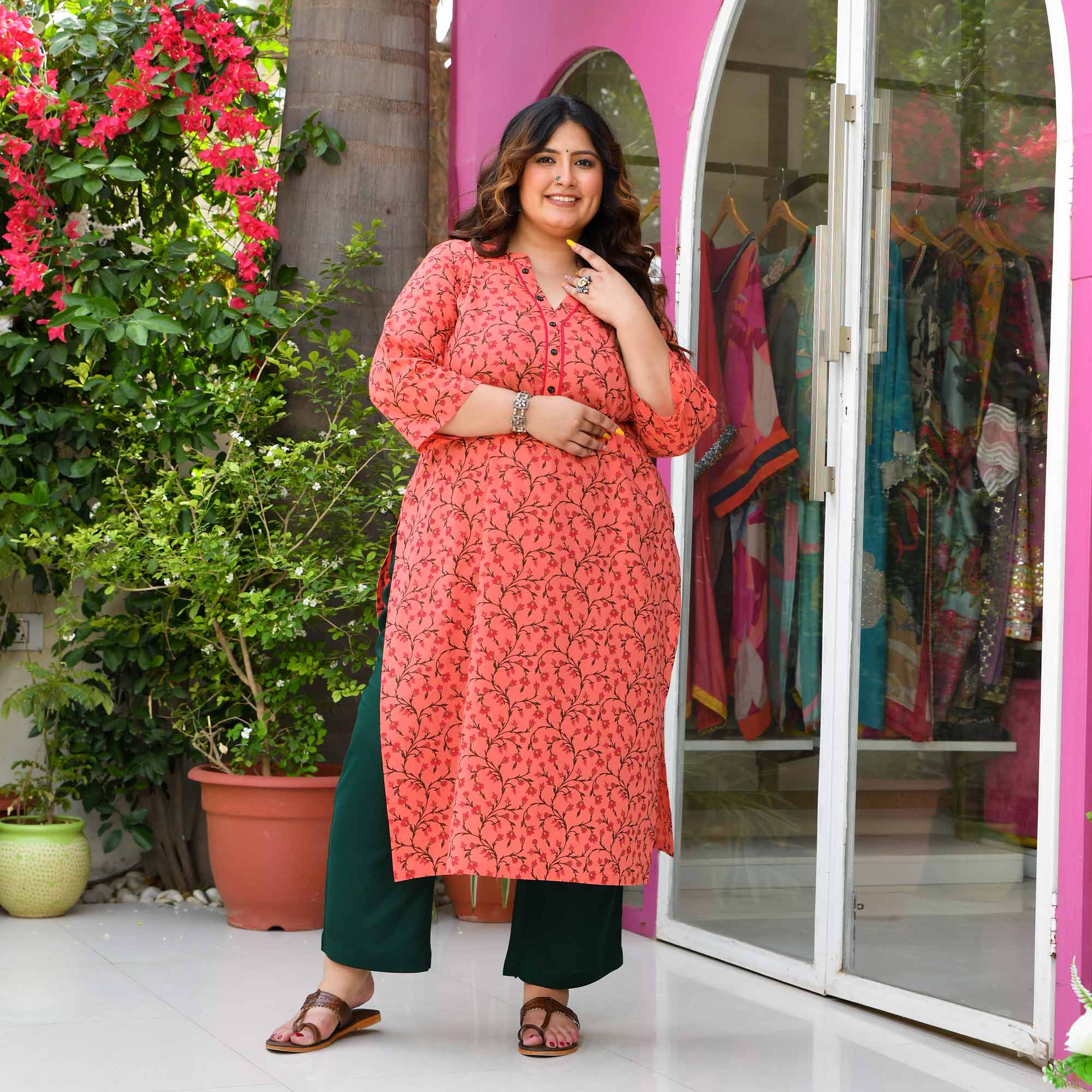 Vrindavan- Peach & Coral Floral Jaal Pure Cotton Kurta