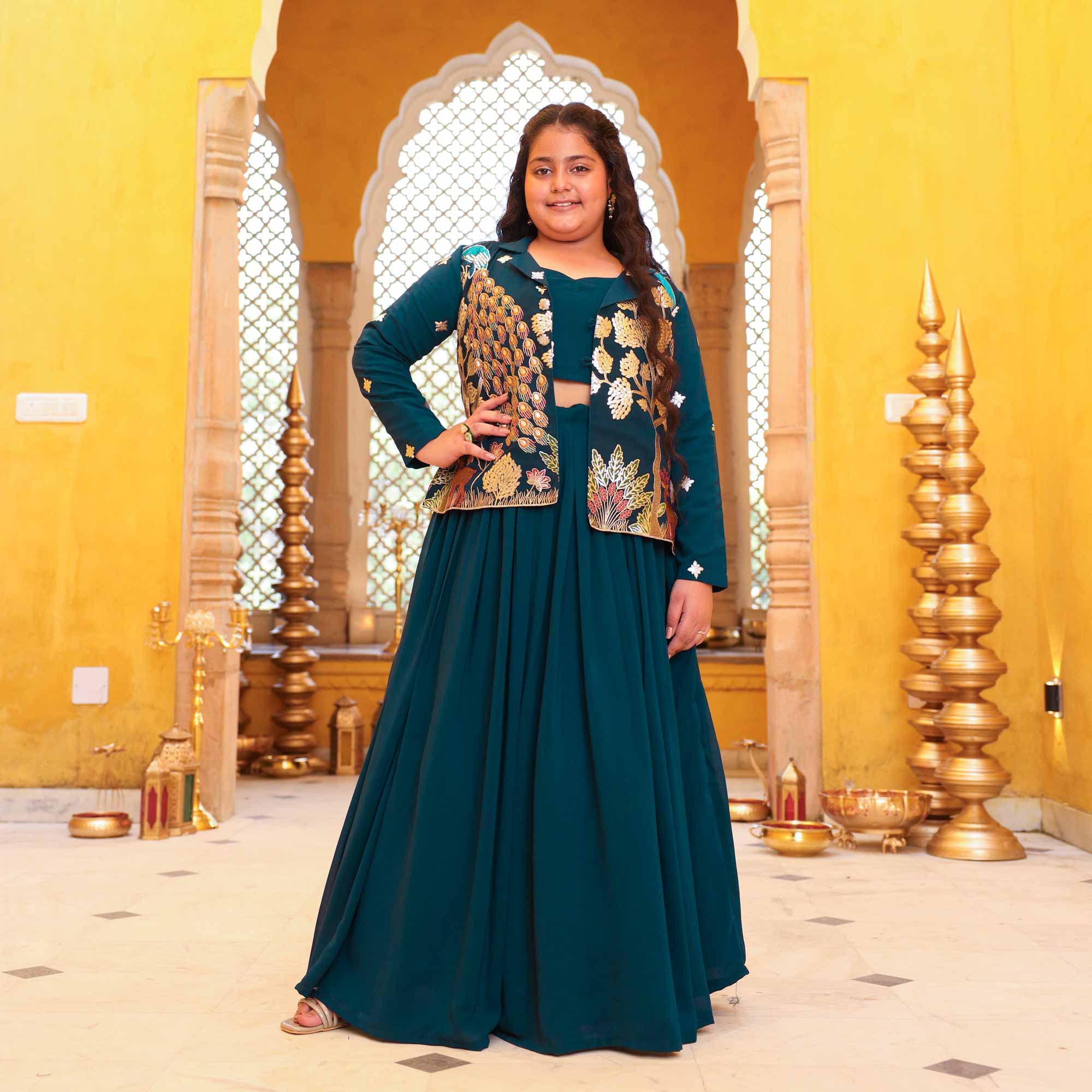 Mor Mahal- Peacock Blue Kids Georgette Blazer Lehenga Set