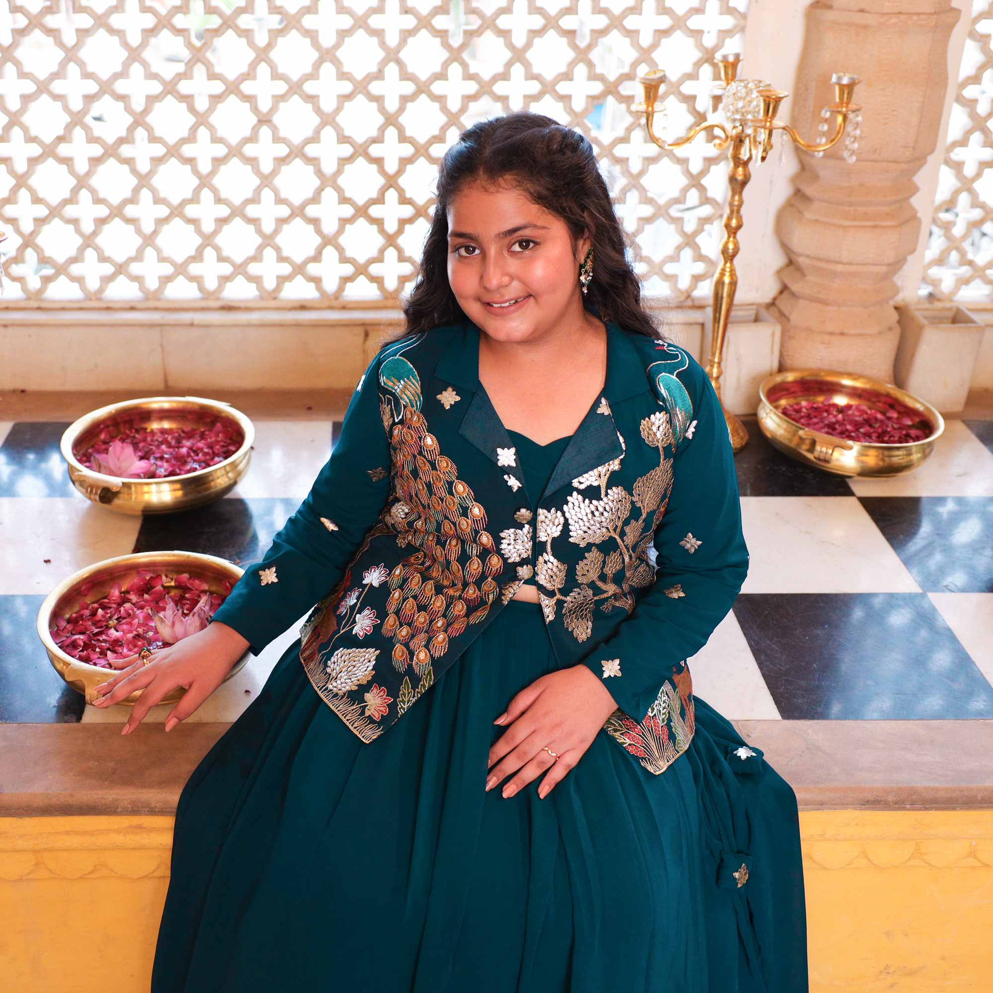 Mor Mahal- Peacock Blue Kids Georgette Blazer Lehenga Set