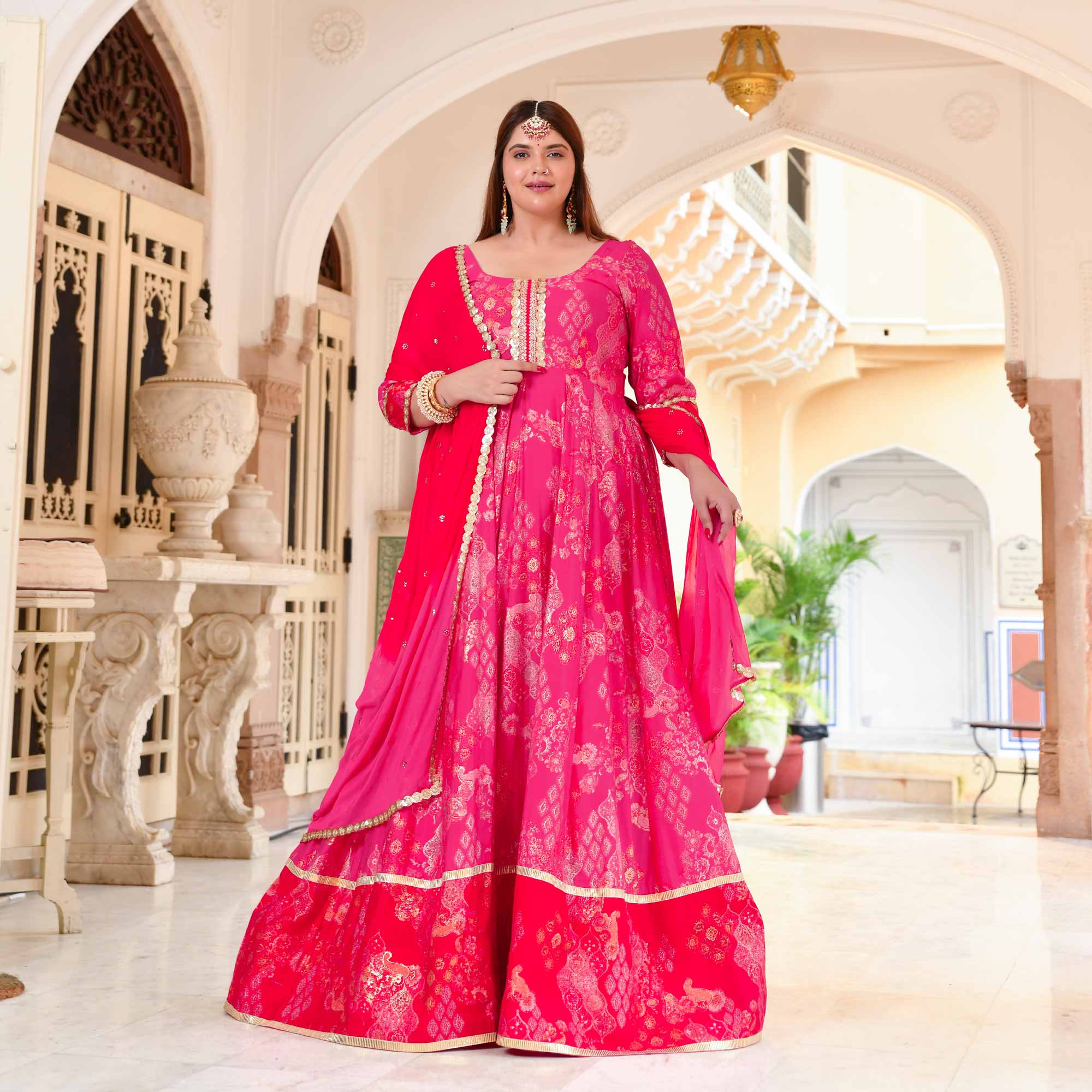 Empress in Pink Rayon Gold Printed Anarkali Set