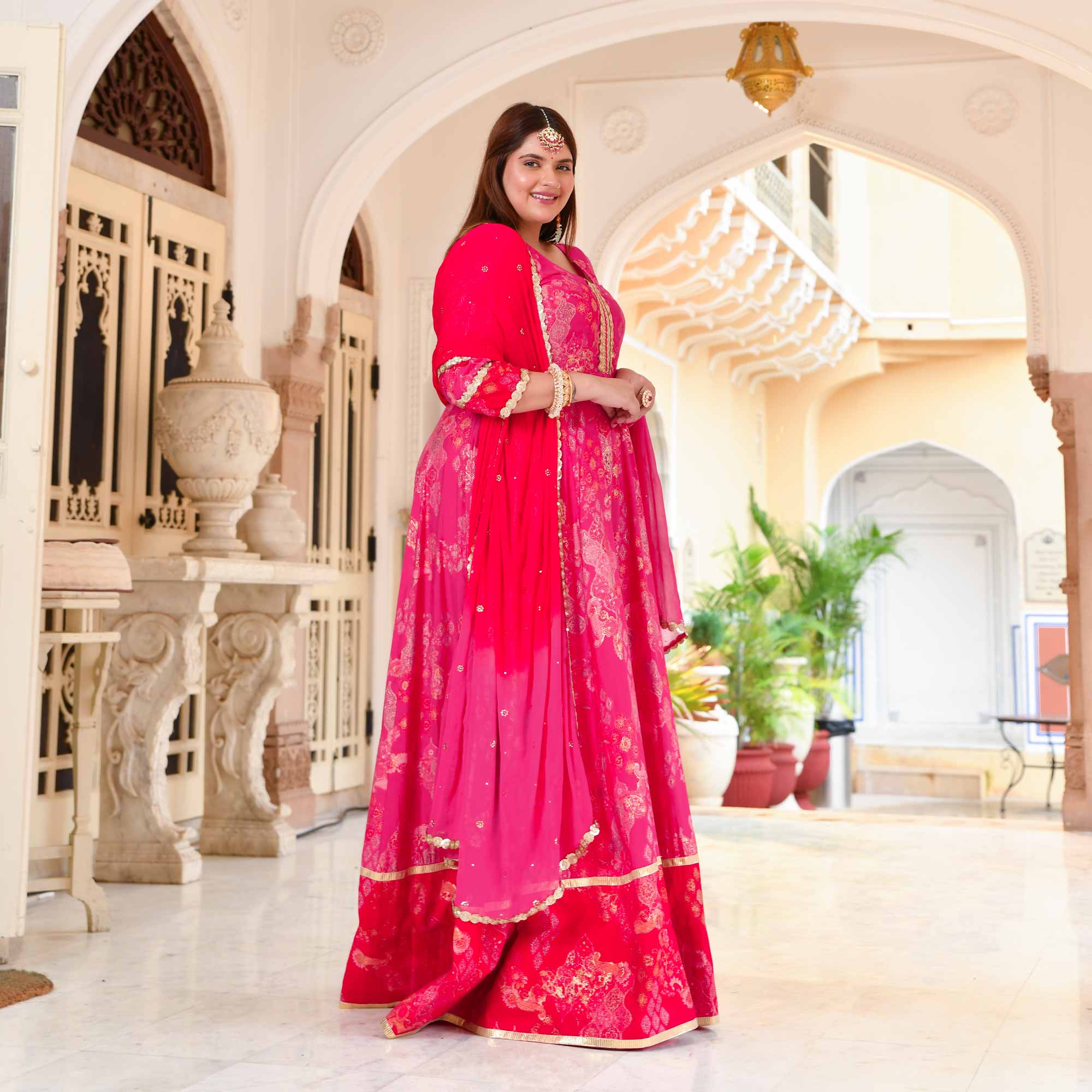 Empress in Pink Rayon Gold Printed Anarkali Set
