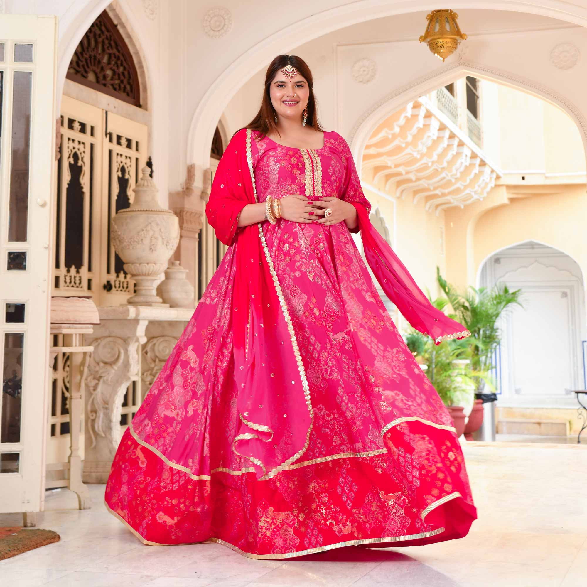 Empress in Pink Rayon Gold Printed Anarkali Set