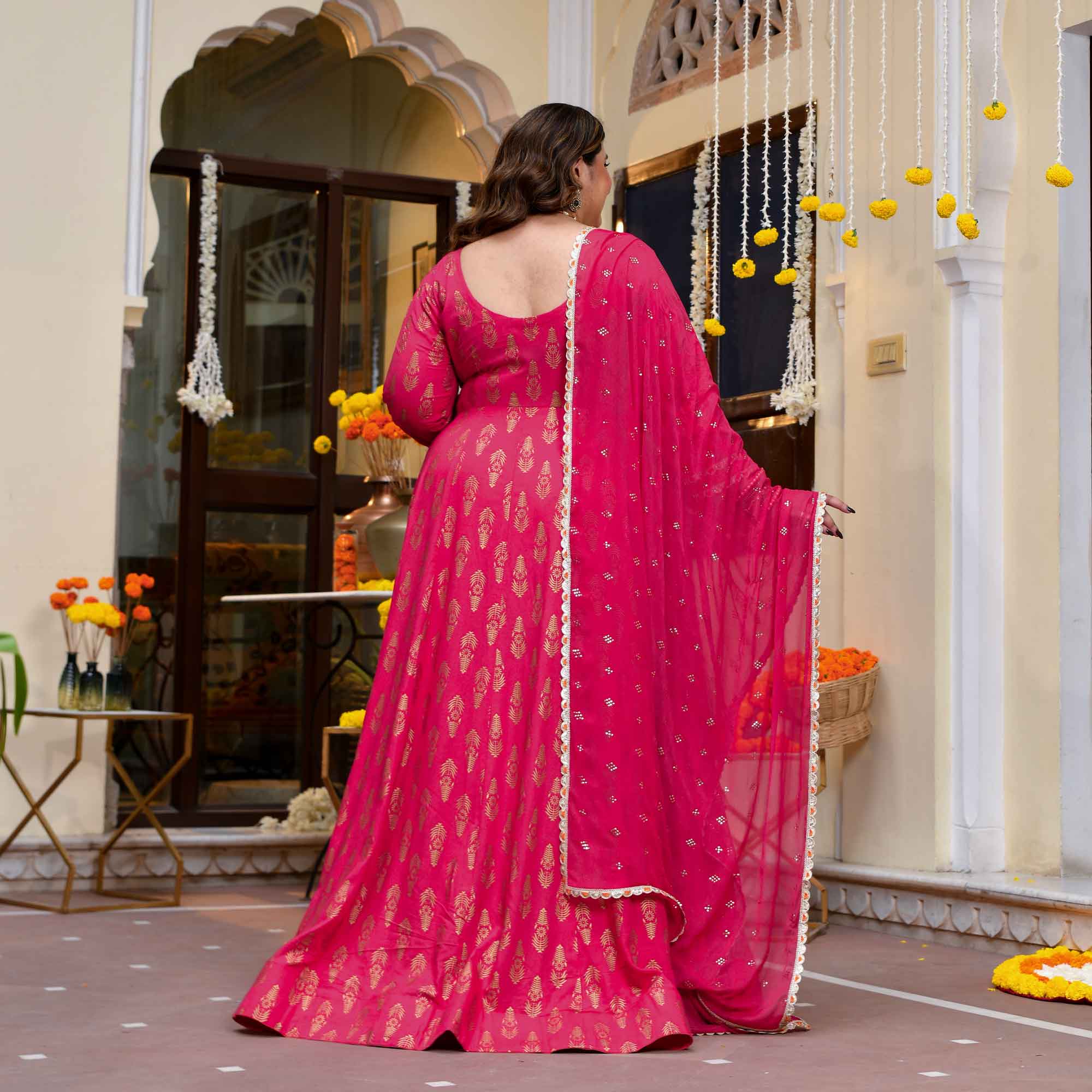 Rivaaz- Rani Pink Gold Block Print Rayon Anarkali