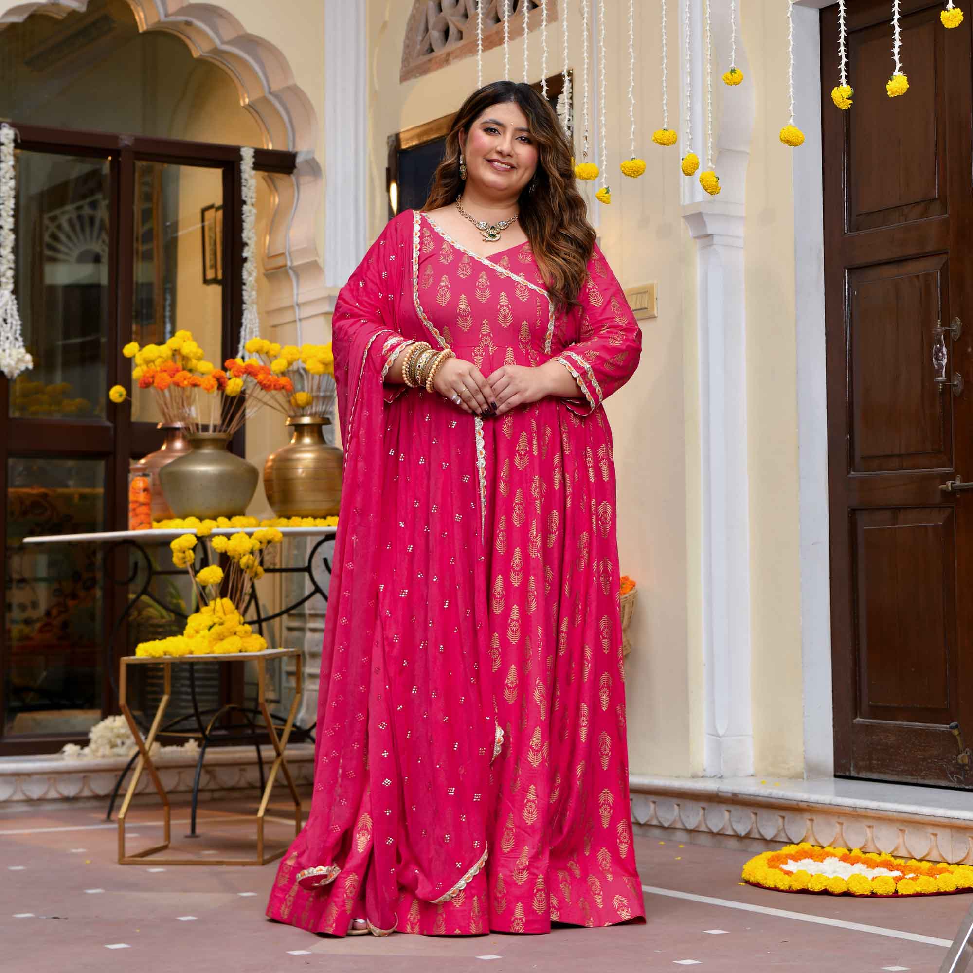 Rivaaz- Rani Pink Gold Block Print Rayon Anarkali
