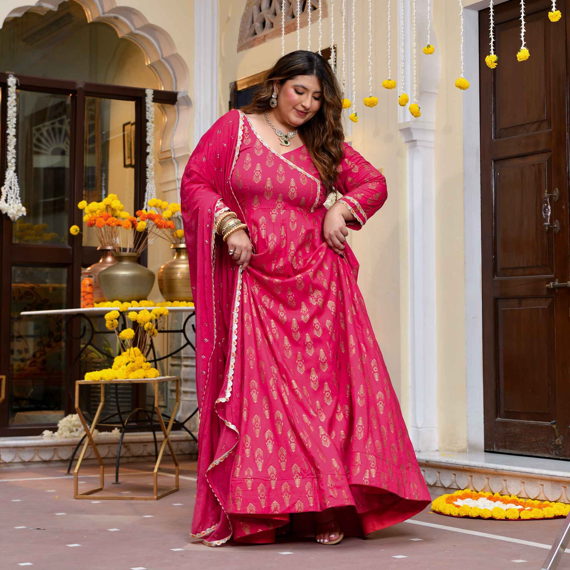 Rivaaz- Rani Pink Gold Block Print Rayon Anarkali