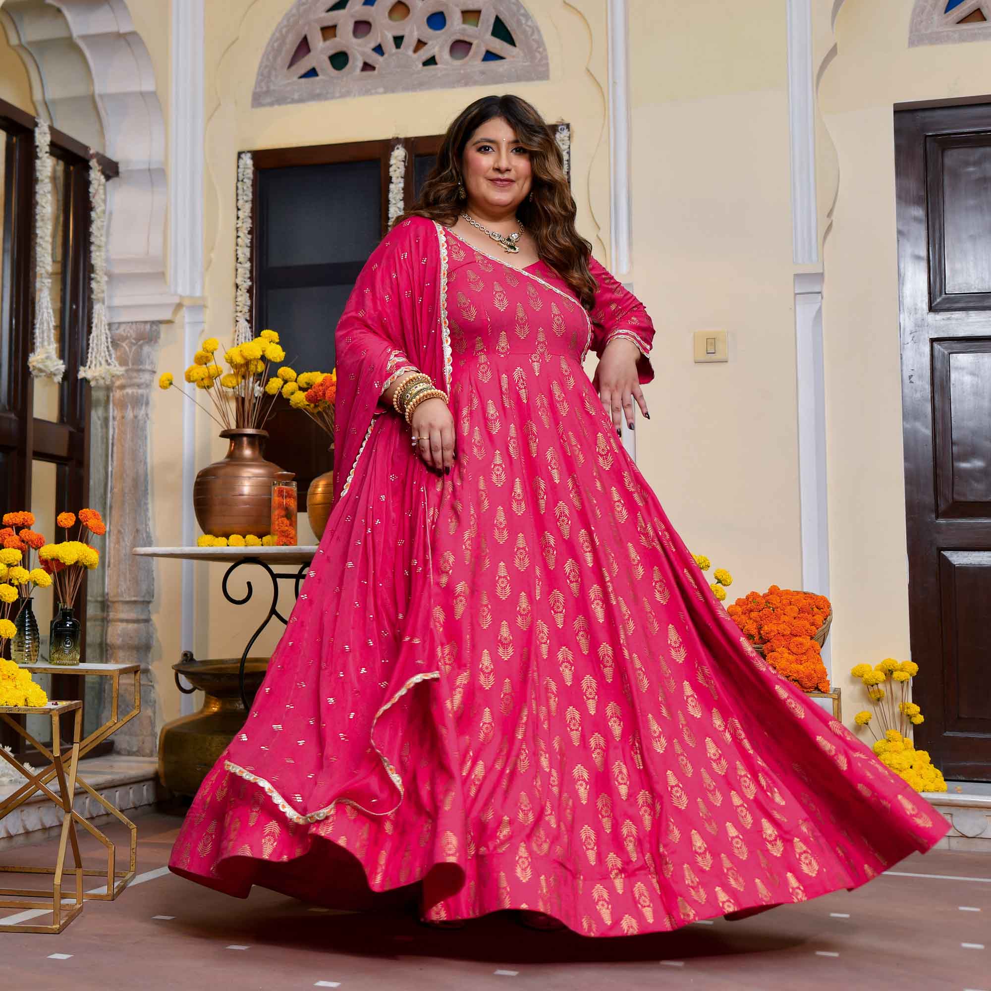 Rivaaz- Rani Pink Gold Block Print Rayon Anarkali