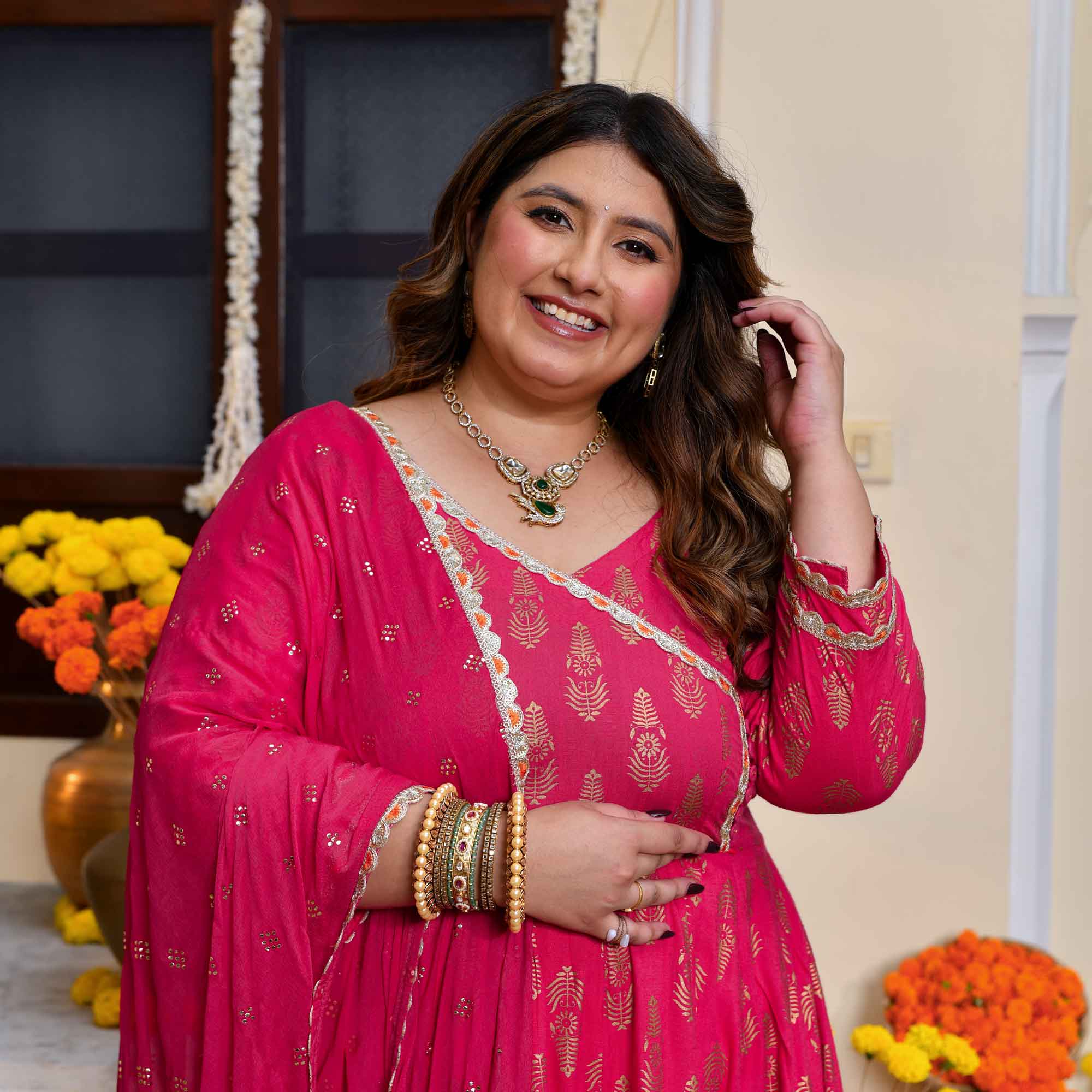 Rivaaz- Rani Pink Gold Block Print Rayon Anarkali