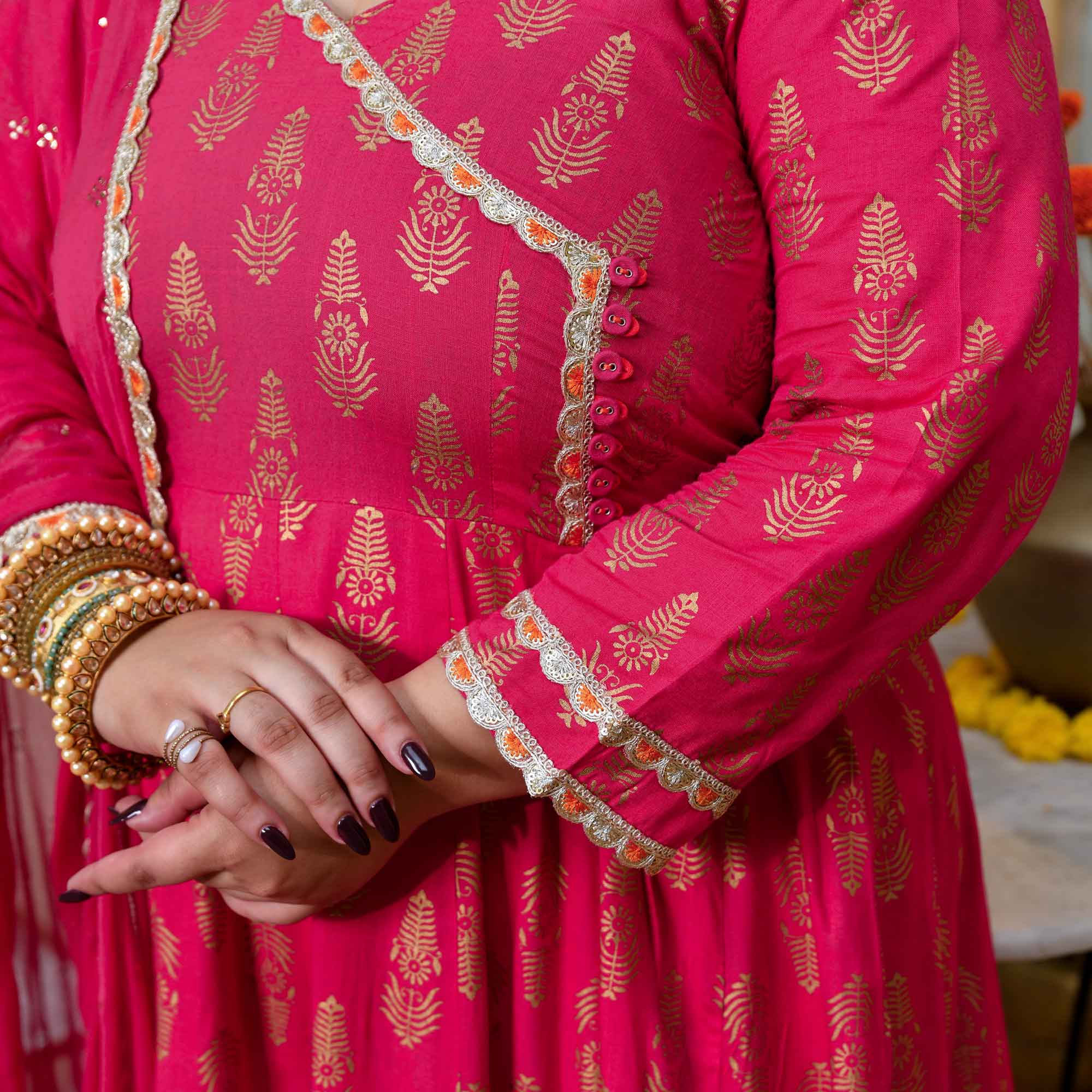 Rivaaz- Rani Pink Gold Block Print Rayon Anarkali