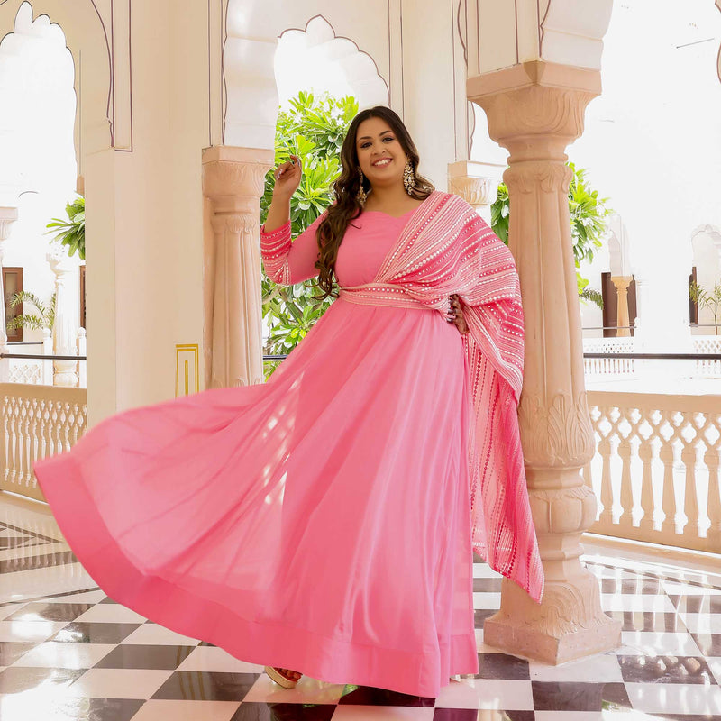 Peachy Paradise & Rose Romance Georgette Anarkali With Belt Drape