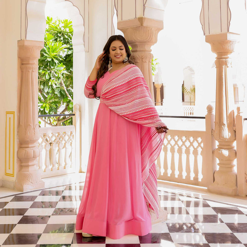 Peachy Paradise & Rose Romance Georgette Anarkali With Belt Drape
