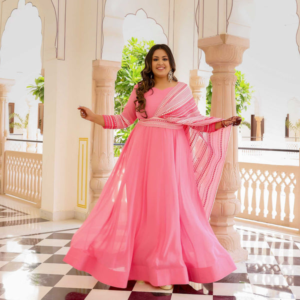 Peachy Paradise & Rose Romance Georgette Anarkali With Belt Drape