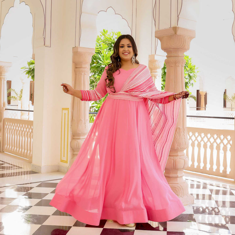 Peachy Paradise & Rose Romance Georgette Anarkali With Belt Drape